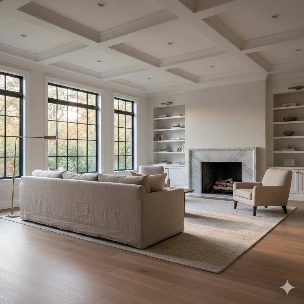 Luxury Newton home living room with coffered ceiling and fireplace